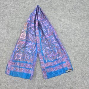 Pure Silk Hand Woven Blue Pink Paisley Scarf Rectangular Made in India 50x10